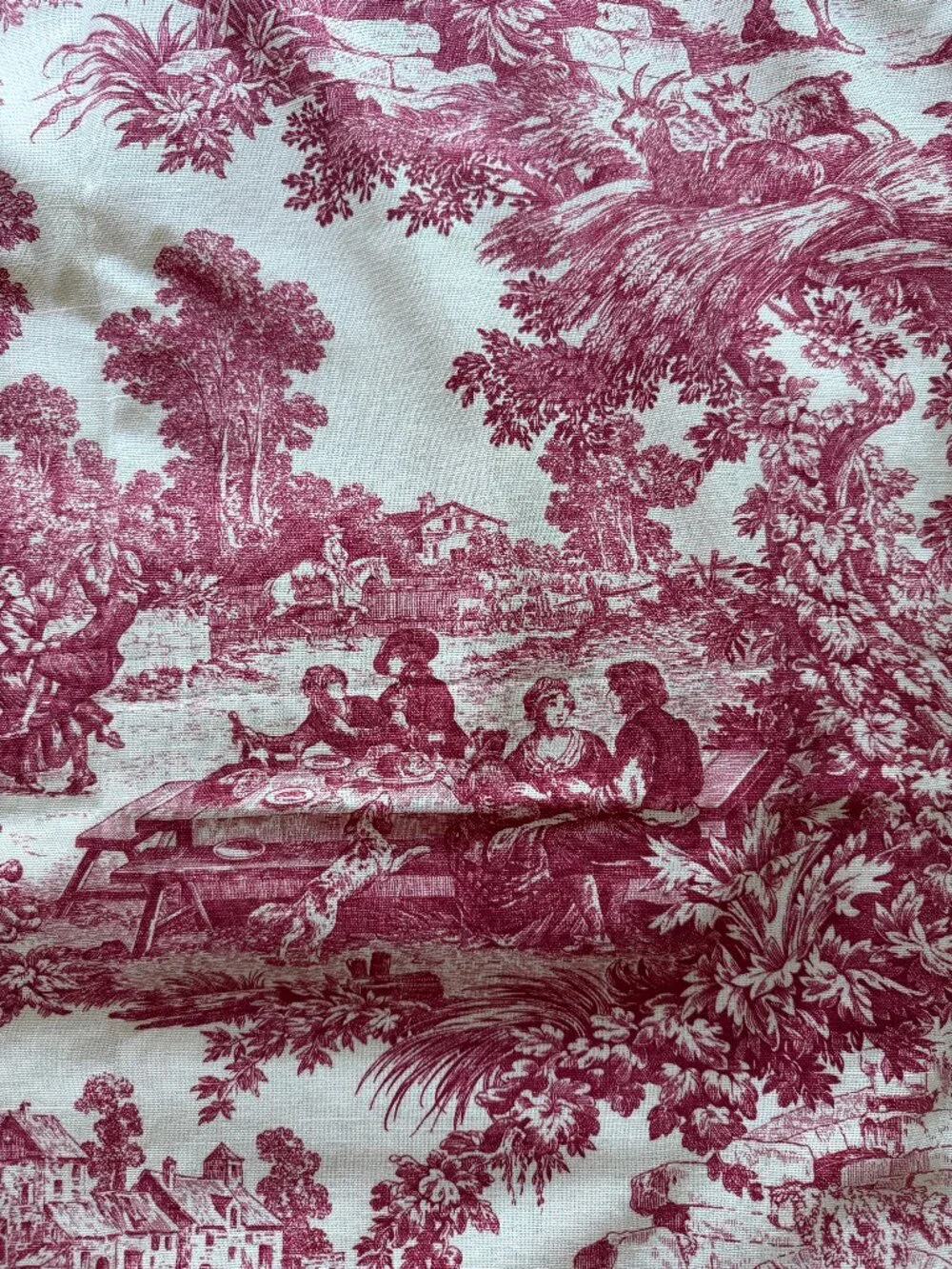Vintage Toile Print Laura Ashley French Country Pastoral 3 yards Cranberry Cream